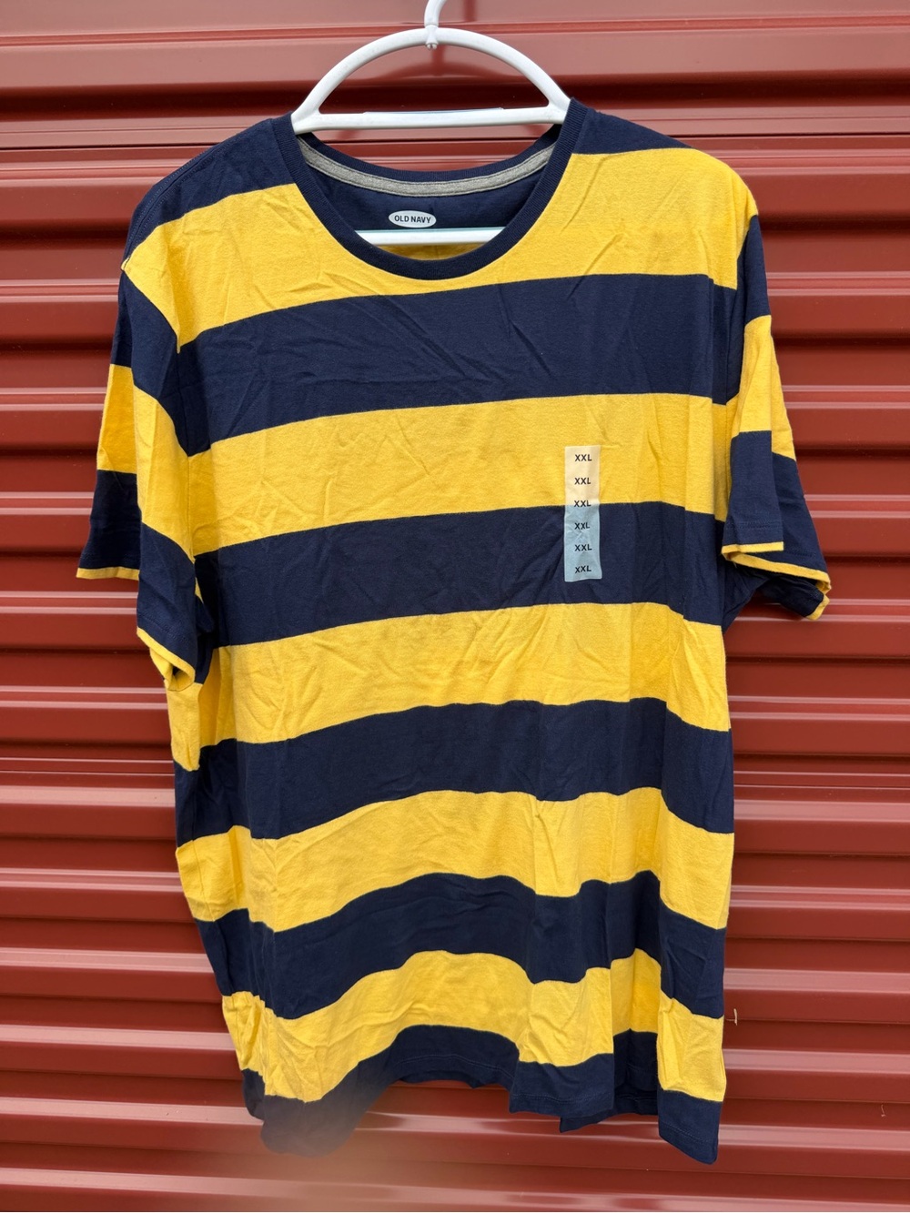 Old Navy Men's Yellow and Navy Wide-Stripe Crew Tee